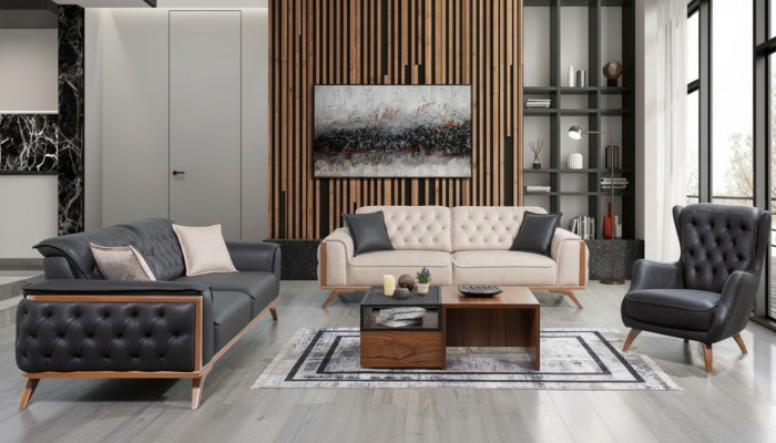 Stilvoll schwaarz-beige Wunnzëmmer Sofagarnitur 3+3+1 Sëtzer 3-deelige Set