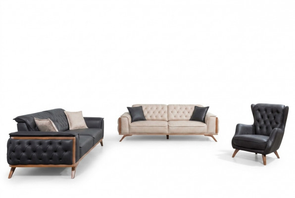 Stilvoll schwaarz-beige Wunnzëmmer Sofagarnitur 3+3+1 Sëtzer 3-deelige Set