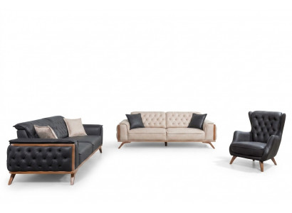 Stilvoll schwaarz-beige Wunnzëmmer Sofagarnitur 3+3+1 Sëtzer 3-deelige Set