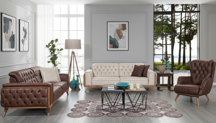 Chesterfield Konschtlieder Garnitur Modernen Dräisëtzer Designer Sessel 3 Deeler