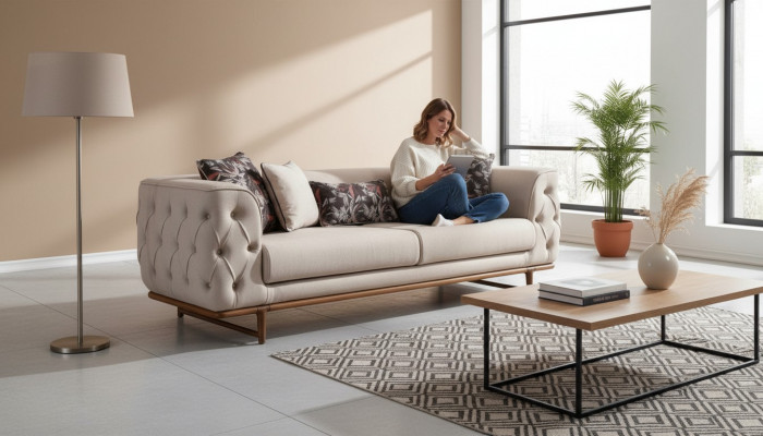 Hellbeige Chesterfield Dräisëtzer Luxuriéisen 3-Sëtzer Edel Polster Sofas