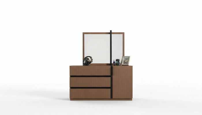Modern brong Schlofkummerskommode mat 3 Schief an enger Dier aus Holz Miwwelen