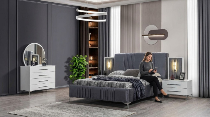 Stiléierend Schlofkummer Set Gro Bett aus Holz Nuetsdëscher 5 Deeler