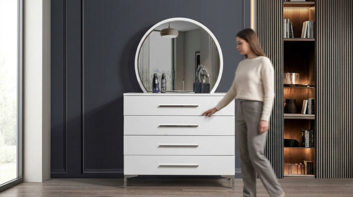 Véiertéiereg Wäiss Schlofzëmmer Kommode Designer Glas Ronnspigel 2-Delige Set