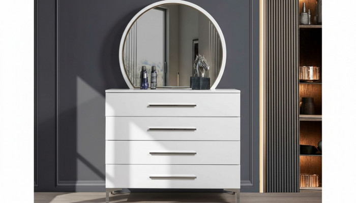 Véiertéiereg Wäiss Schlofzëmmer Kommode Designer Glas Ronnspigel 2-Delige Set