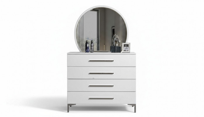 Véiertéiereg Wäiss Schlofzëmmer Kommode Designer Glas Ronnspigel 2-Delige Set
