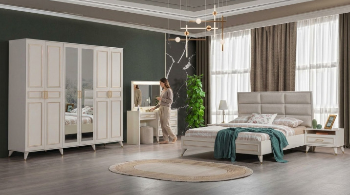 Schlofzëmmer Designer Duebelbett Luxus Schminkdësch Edelen Hocker 7tlg