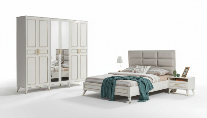 Wäiss Schlofzëmmer Miwwelen Holz Glasschaf Textil Duebelbett Nuetsdëscher