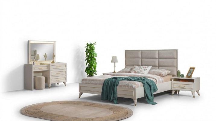Grousse Schlofzëmmer Set Duebelbett Schminktisch Hocker Spigel 6 Stécker