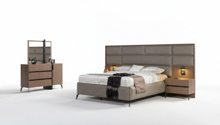 Grau-brongen Duebelbett Exklusiv Schlofzëmmer Kommode Spigel 5-Stéck Set