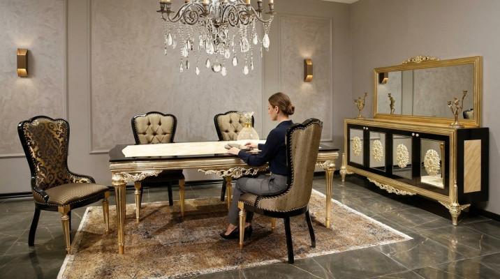Iessgrupp Garnitur Iesssall Iessdësch Set 7tlg Luxus Braun Edel Holz