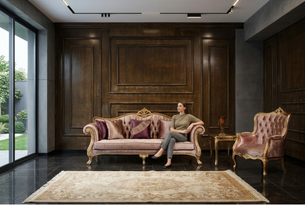 Klassesch rosa Chesterfield Couchset 3-Sëtz Couchtisch Fotell