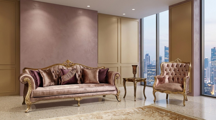 Klassesch rosa Chesterfield Couchset 3-Sëtz Couchtisch Fotell