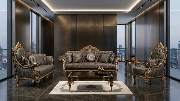 Klassesch Chesterfield Sofagarnitur 3+1 Sëtzer Designer Couchtisch 3tlg