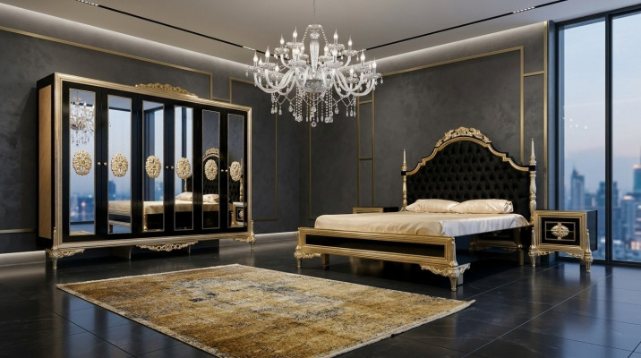 Schwaarz Schlofkummer Set Luxus Bett 2x Nuetsdëscher Kommode Schaf