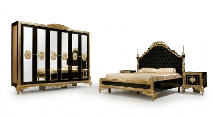 Schwaarz Schlofkummer Set Luxus Bett 2x Nuetsdëscher Kommode Schaf