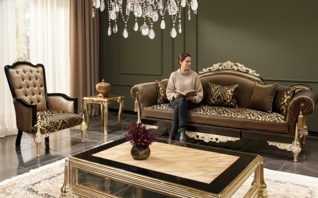 Braune Chesterfield Wohnzimmer Canapéen 3-Sëtzer Textilsessel Couchtisch