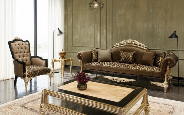 Braune Chesterfield Wohnzimmer Canapéen 3-Sëtzer Textilsessel Couchtisch