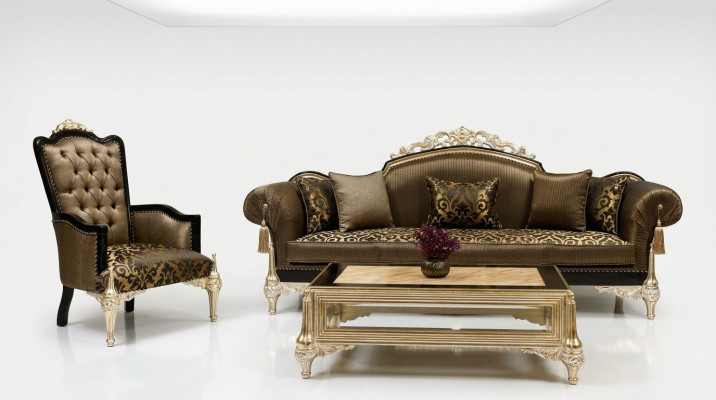 Braune Chesterfield Wohnzimmer Canapéen 3-Sëtzer Textilsessel Couchtisch