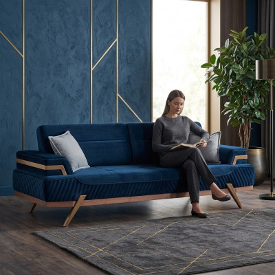 Däischterblo Sofa Wunnzëmmer 3-Sëtzer Textil Canapé Designer Dräisëtzer