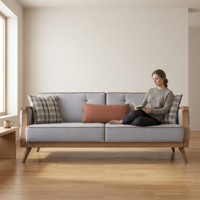 Blo Stoffsuedel Wunnzëmmer Dräisëtzer Polstersaachen Holzgestell Couch