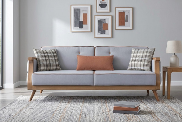 Blo Stoffsuedel Wunnzëmmer Dräisëtzer Polstersaachen Holzgestell Couch
