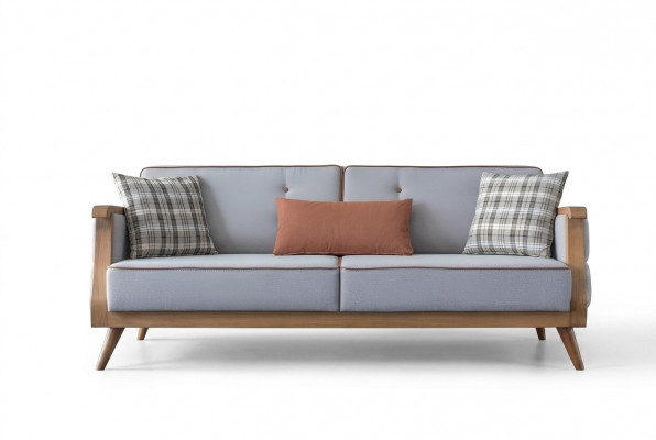 Blo Stoffsuedel Wunnzëmmer Dräisëtzer Polstersaachen Holzgestell Couch