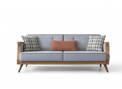 Blo Stoffsuedel Wunnzëmmer Dräisëtzer Polstersaachen Holzgestell Couch