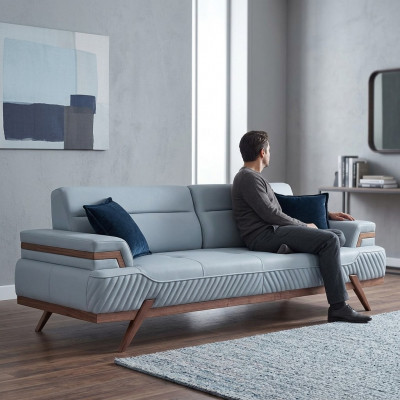 Modern Designer dräisëtzegt blo Stoffsofa, Ledercouchen nei