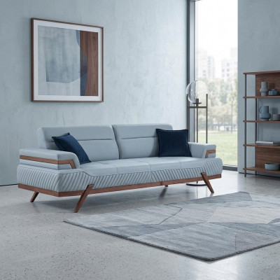 Modern Designer dräisëtzegt blo Stoffsofa, Ledercouchen nei