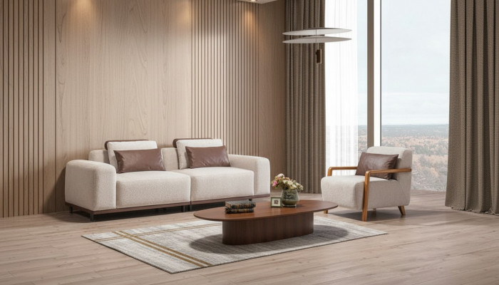 Beige Wunnzëmmer Sëtzset Designer Sofagarnitur 2+1 Sëtzer Luxus Sofas
