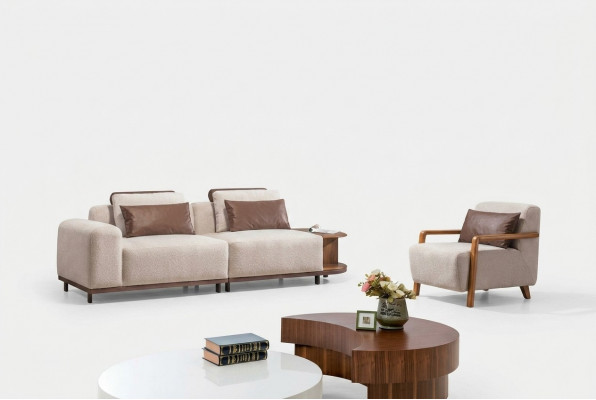 Beige Wunnzëmmer Sëtzset Designer Sofagarnitur 2+1 Sëtzer Luxus Sofas