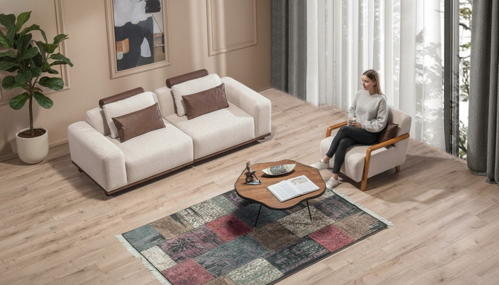 Beige Wunnzëmmer Sofa Set Exklusiven 2-Plätz Textilfauteuil Polstermöbel