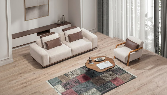 Beige Wunnzëmmer Sofa Set Exklusiven 2-Plätz Textilfauteuil Polstermöbel