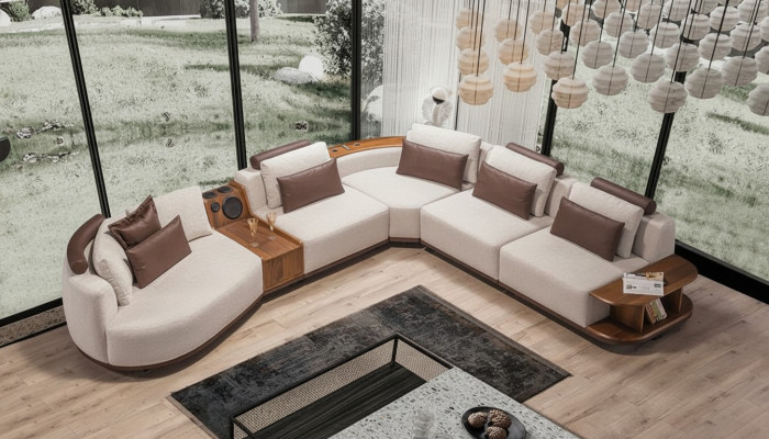 Beige Wunnzëmmer Ecksofa Exklusiv L-Form Couch Modern Holzgestell