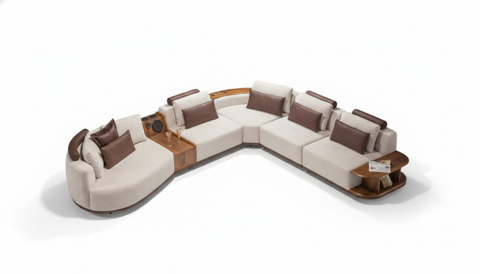Beige Wunnzëmmer Ecksofa Exklusiv L-Form Couch Modern Holzgestell