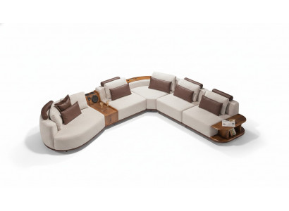 Beige Wunnzëmmer Ecksofa Exklusiv L-Form Couch Modern Holzgestell