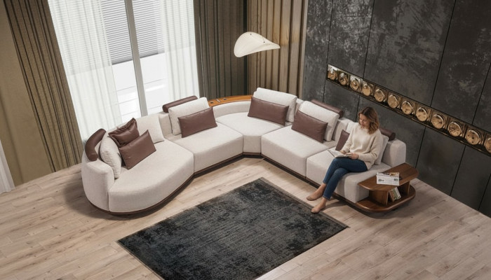Wäiss Eck-Couch Designer Wunnzëmmer L-Form Couch Polstermooss Holzgestell