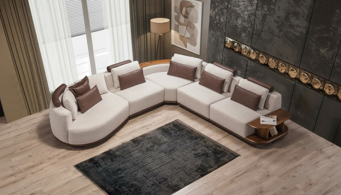Wäiss Eck-Couch Designer Wunnzëmmer L-Form Couch Polstermooss Holzgestell