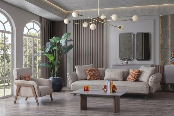 Luxus Modern Wunnzëmmer Set 4tlg. Sofa 4 Sëtzer Fauteuil Dësch Garnitur