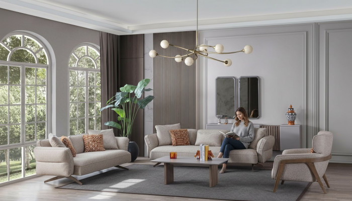 Luxus Modern Wunnzëmmer Set 4 Deeler 4+3 Sëtzer Sëtz an Dësch nei