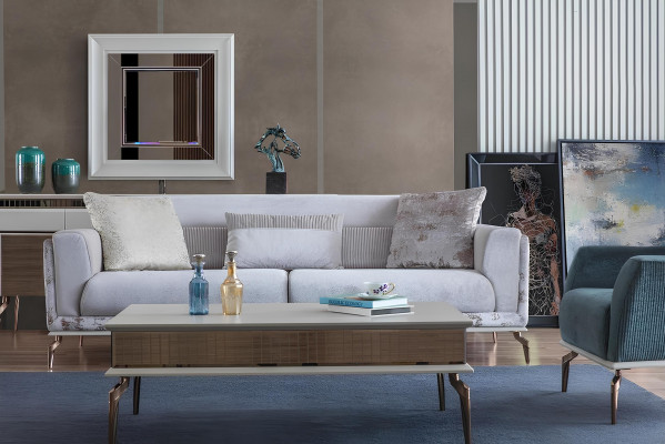 Wunnzëmmer Set Garnitur Grupp Ariichtung Sofa Canapéen Canapé Dësch 3tlg