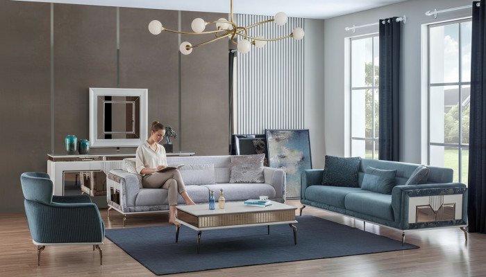 Designer Sofagarnitur 4 Stéck. Couch Sofa Set 3 Sëtzer Fauteuil Dësch.