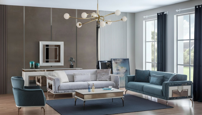 Designer Sofagarnitur 4 Stéck. Couch Sofa Set 3 Sëtzer Fauteuil Dësch.