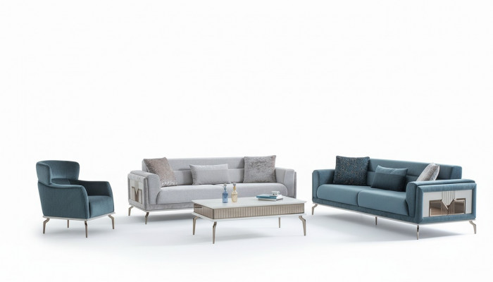 Designer Sofagarnitur 4 Stéck. Couch Sofa Set 3 Sëtzer Fauteuil Dësch.