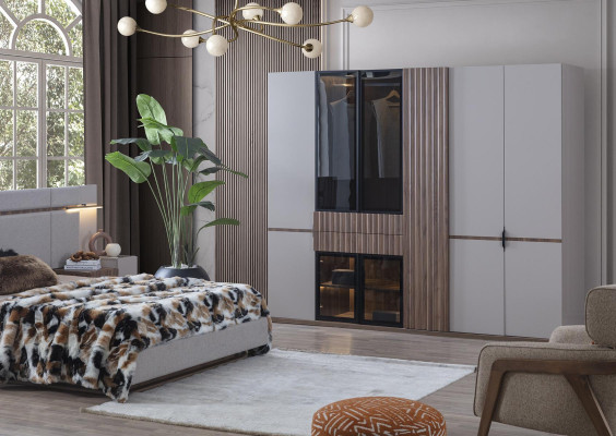 Schlofzëmmer Set Luxus Design Bett 2x Nuetsdësch Kleederschaf 4tlg Nei