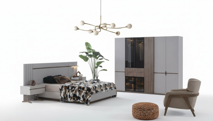 Schlofzëmmer Set Luxus Design Bett 2x Nuetsdësch Kleederschaf 4tlg Nei