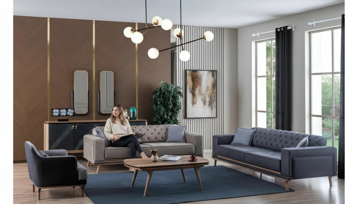 Luxus Modern Wohnzimmer Set 4-Deeler 4-Sëtzer Fauteuil Dësch Still Miwwelen aus Holz