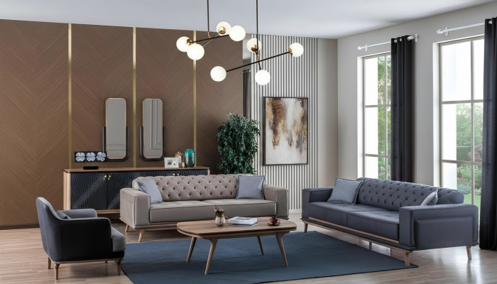 Luxus Modern Wohnzimmer Set 4-Deeler 4-Sëtzer Fauteuil Dësch Still Miwwelen aus Holz