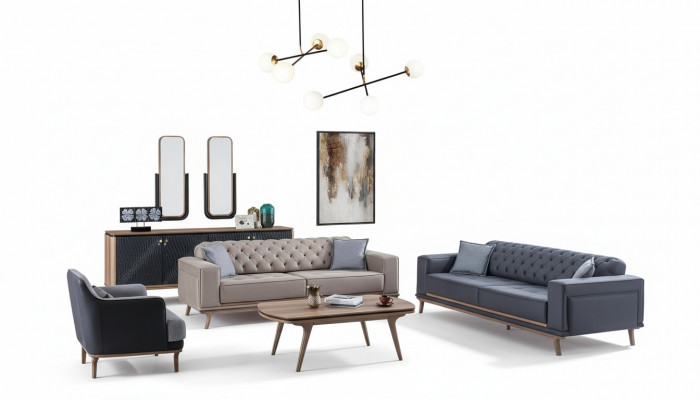 Luxus Modern Wohnzimmer Set 4-Deeler 4-Sëtzer Fauteuil Dësch Still Miwwelen aus Holz